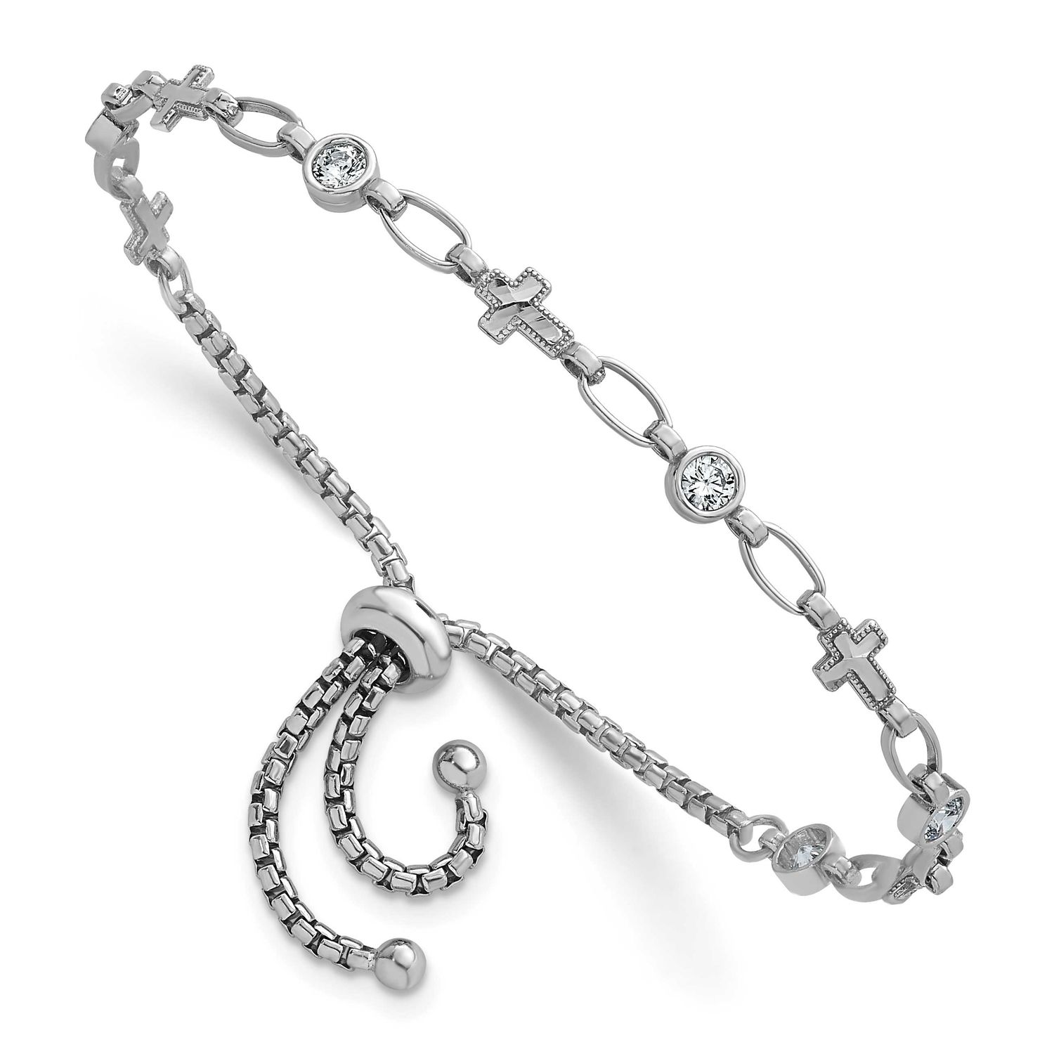 Polished CZ and Cross Bolo Bracelet Sterling Silver Rhodium-Plated, MPN: QG6803, UPC: