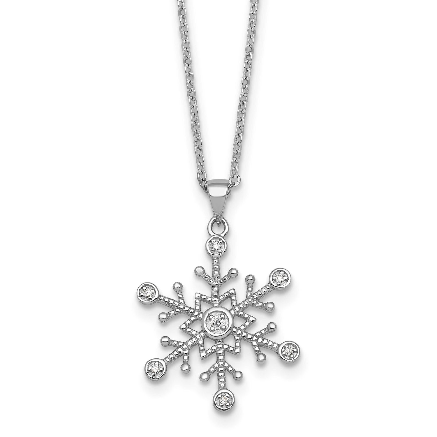 CZ Polished and Textured Snow Flake 18 Inch Necklace Sterling Silver Rhodium-Plated, MPN: QG7098-18…