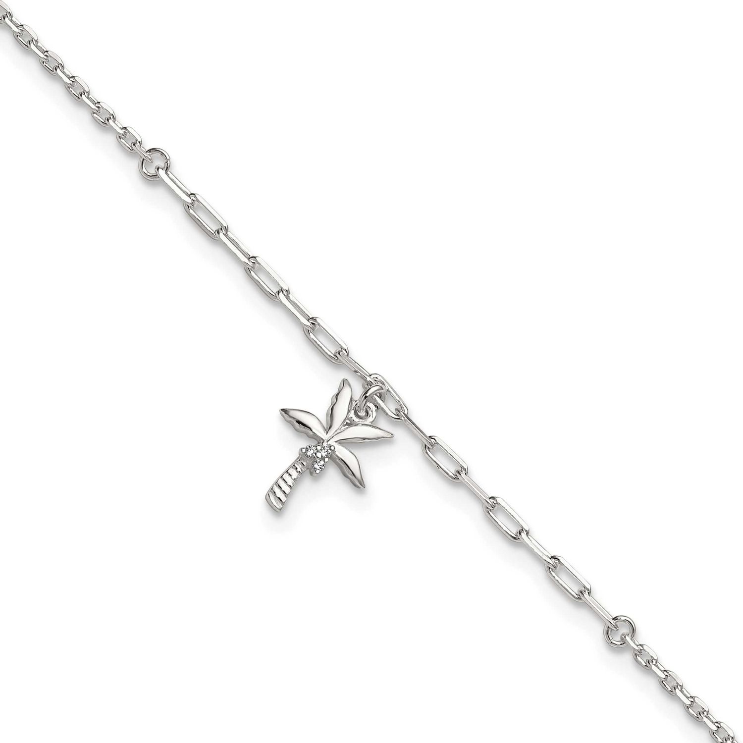 CZ Palm Tree 9 Inch Plus 1 Inch Extension Anklet Sterling Silver Polished, MPN: QG6896-9, UPC: