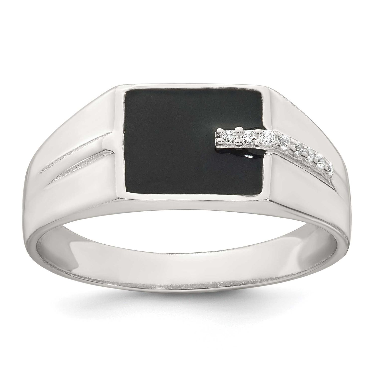 Black Enamel CZ Men&#39;s Signet Ring Sterling Silver Polished, MPN: QR7768, UPC: