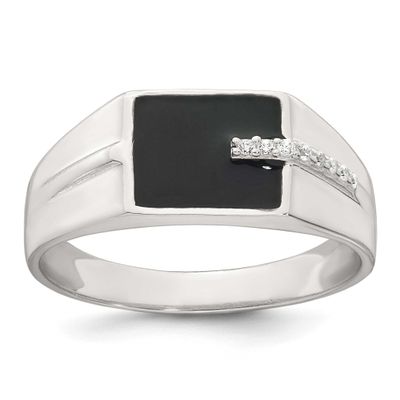 Black Enamel CZ Men&#39;s Signet Ring Sterling Silver Polished, MPN: QR7768, UPC: