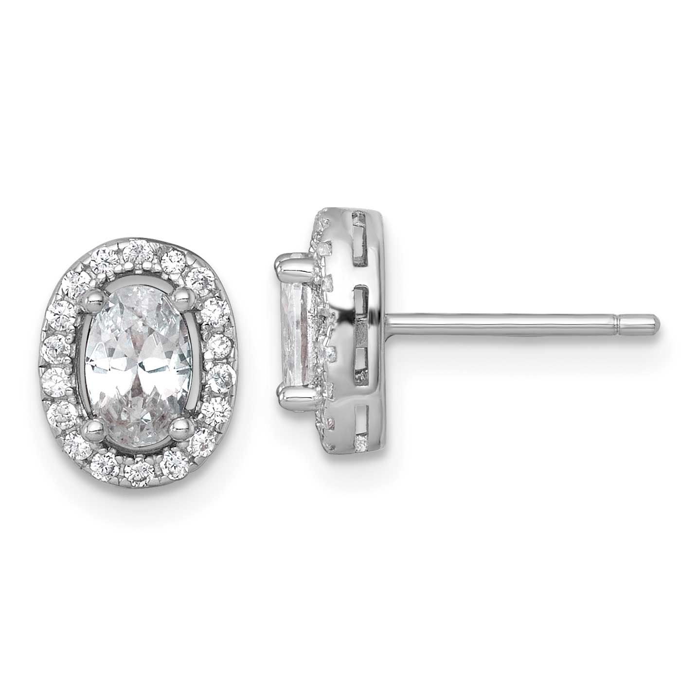 9.5x7mm Oval Halo CZ Post Earrings Sterling Silver Rhodium-Plated Polished, MPN: QE17809, UPC: