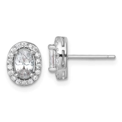 9.5x7mm Oval Halo CZ Post Earrings Sterling Silver Rhodium-Plated Polished, MPN: QE17809, UPC: