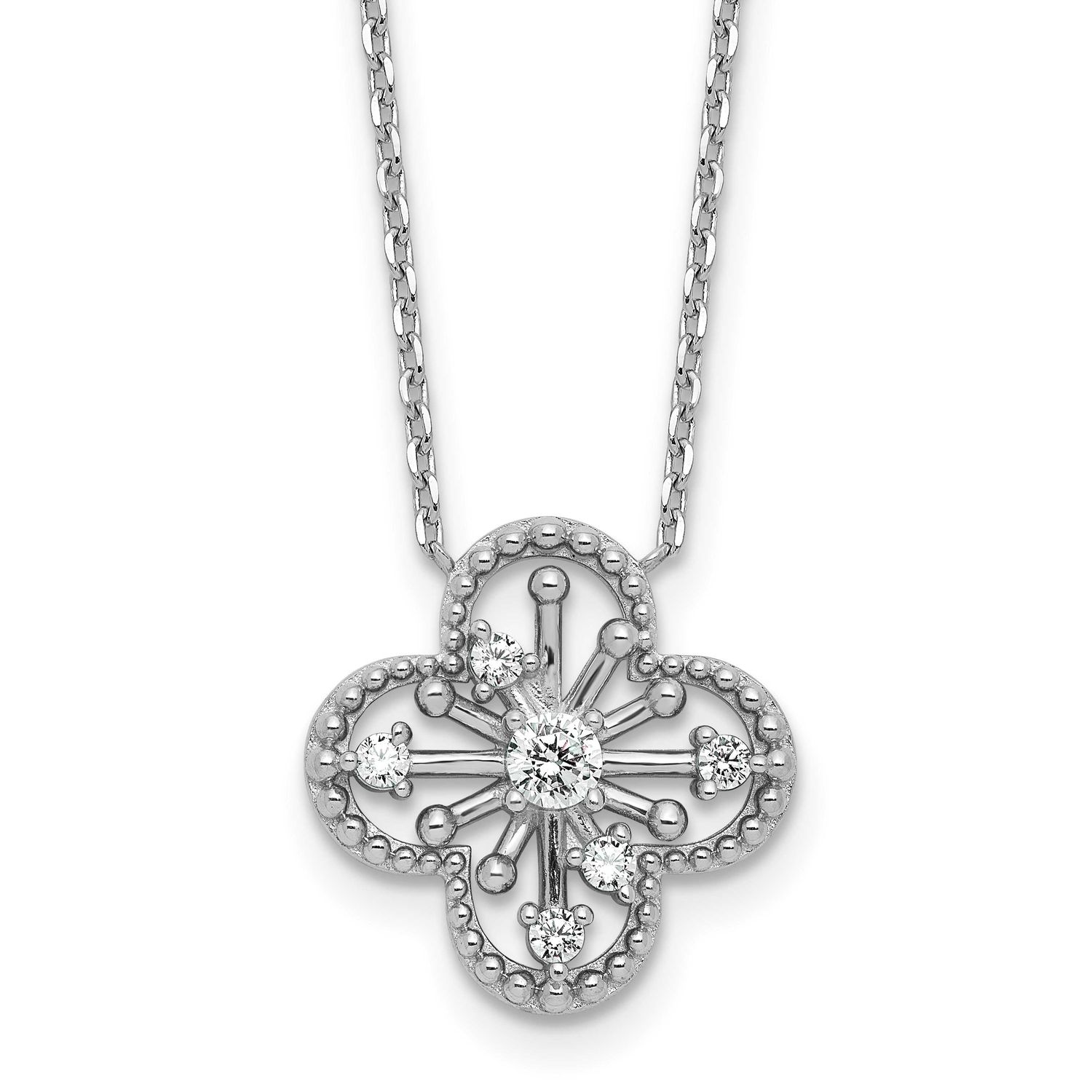 CZ Clover Shape 16 Inch with 1.25 Inch Extension Necklace Sterling Silver Rhodium-Plated, MPN: QG69…