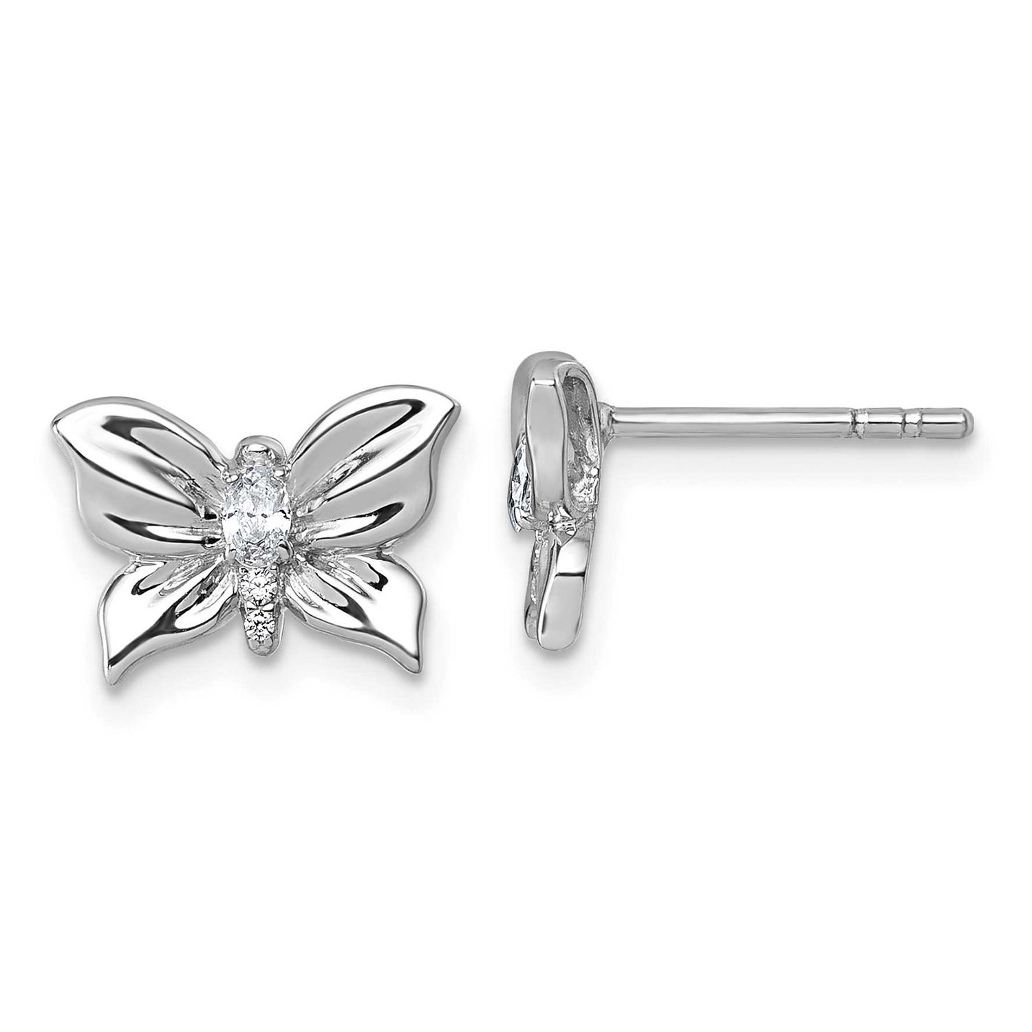 Polished CZ Butterfly Post Earrings Sterling Silver Rhodium-Plated, MPN: QG7233E, UPC: