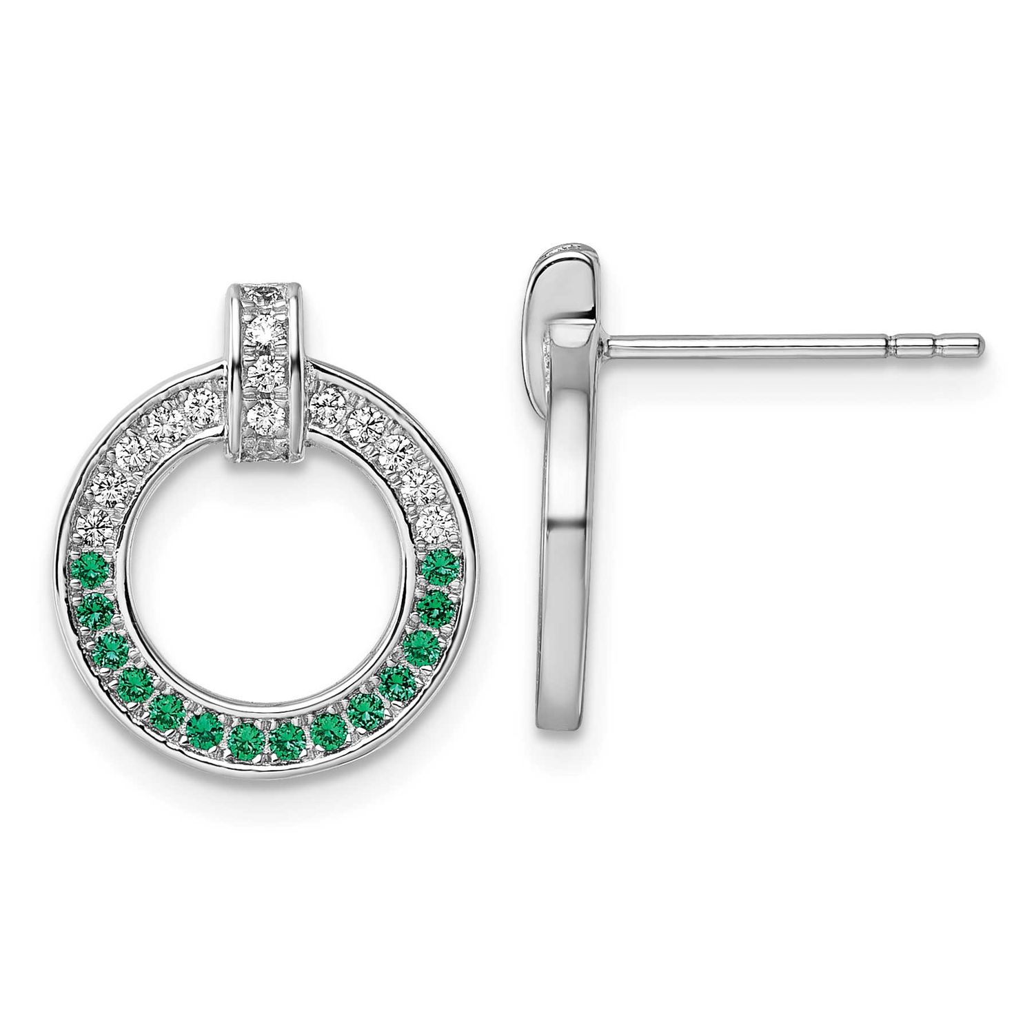White and Green CZ Open Circle Post Earrings Sterling Silver Rhodium-Plated, MPN: QG7004E, UPC: