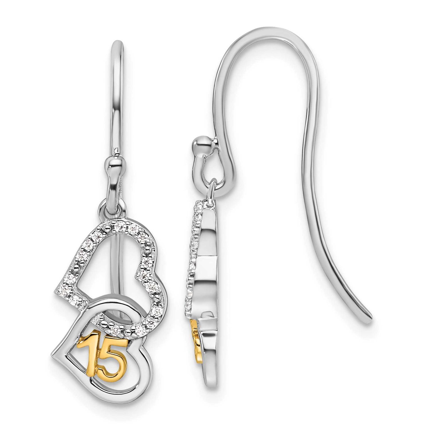 Diamond Quinceanera Double Heart Dangle Earrings 14K Two Tone Gold Polished, MPN: EM10198-010-WYAA,…
