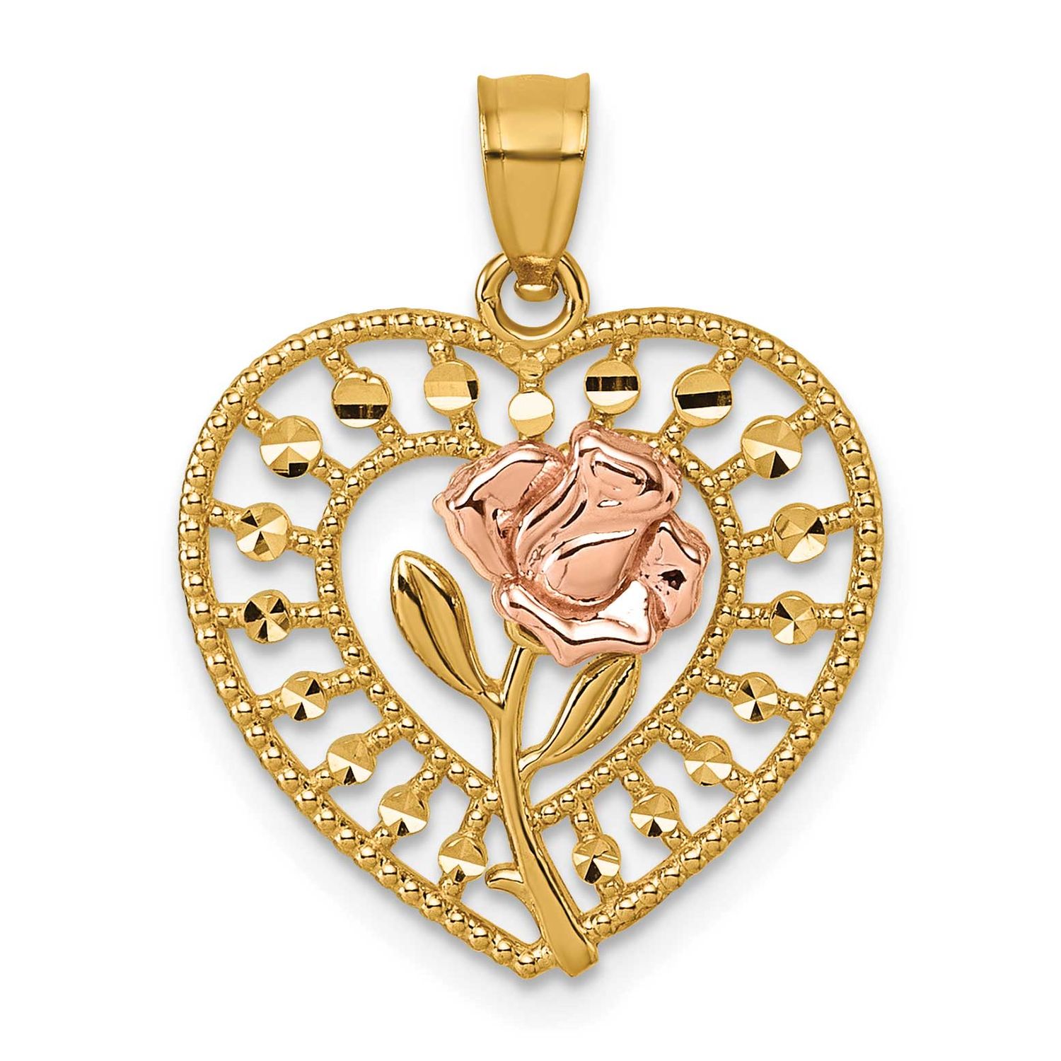 Diamond Cut Polished Rose In Heart Pendant 14k Two Tone Gold, MPN: K9999, UPC: