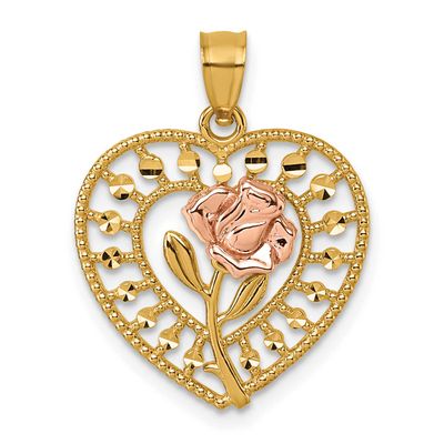 Diamond Cut Polished Rose In Heart Pendant 14k Two Tone Gold, MPN: K9999, UPC: