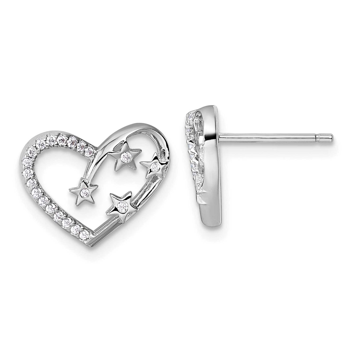 CZ Heart with Stars Post Earrings Sterling Silver Rhodium-Plated, MPN: QG7205E, UPC: