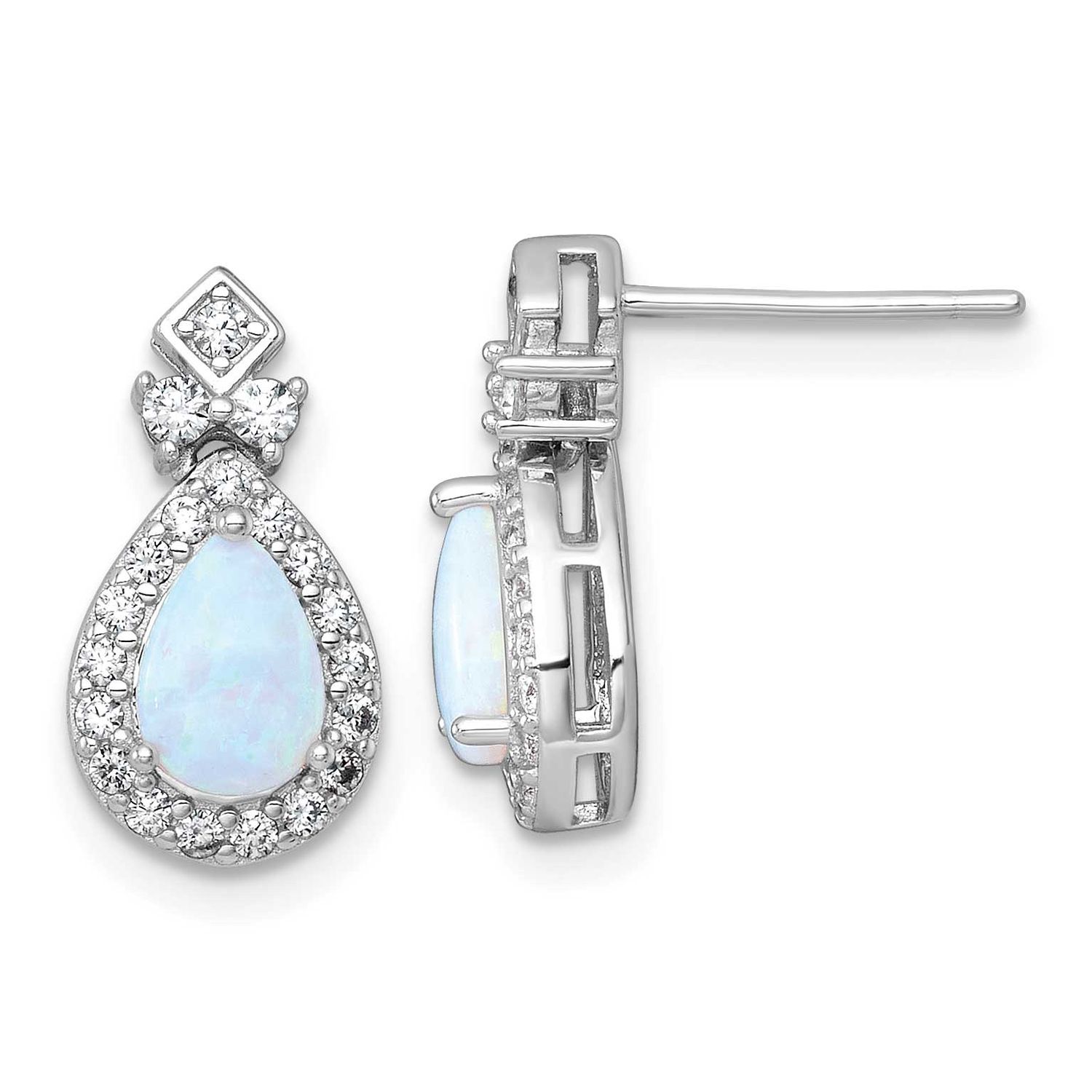 Cr. Opal and CZ Teardrop Post Dangle Earrings Sterling Silver Rhodium-Plated, MPN: QG7177E, UPC: