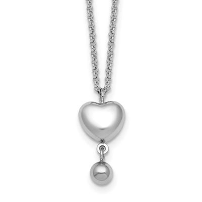 Polished Heart Ball Dangle 16 Inch with 1 Inch Extension Necklace Sterling Silver Rhodium-Plated, M…