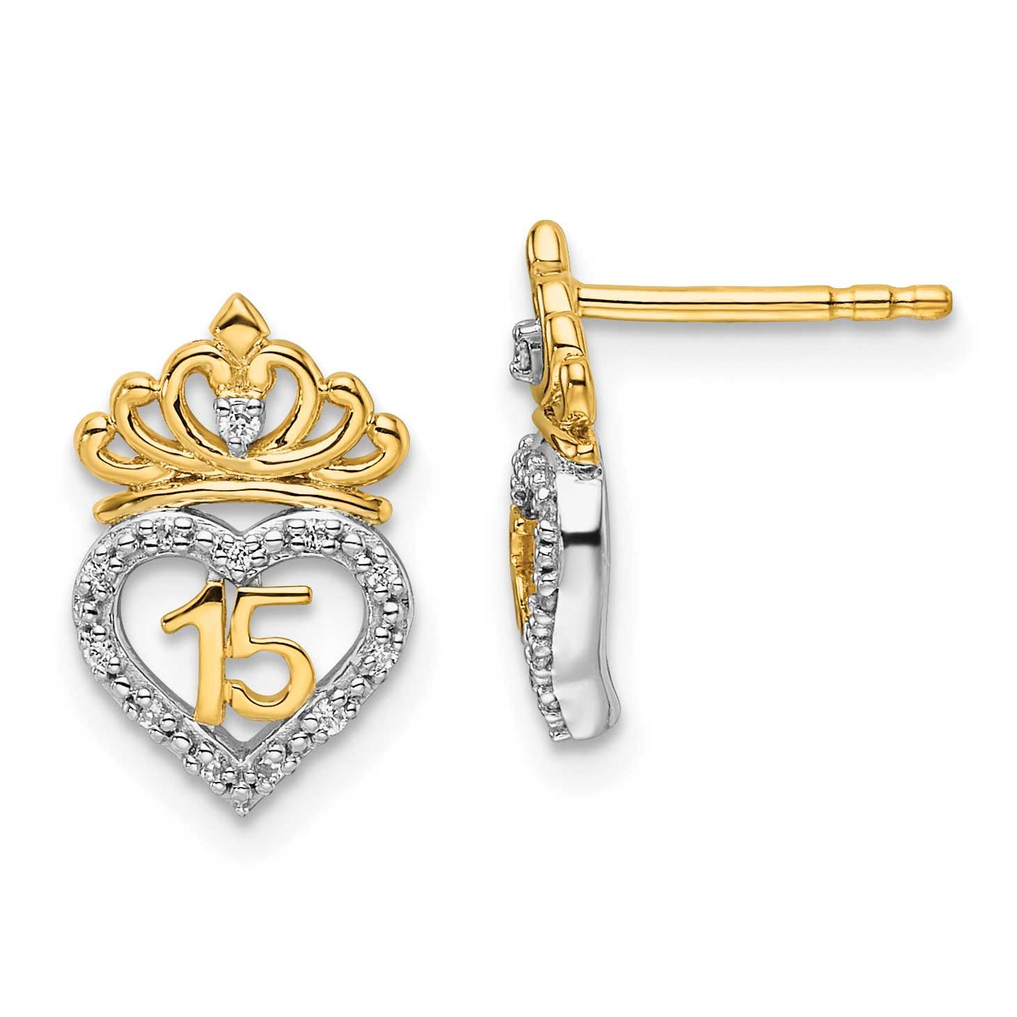 Diamond Quinceanera Heart/Crown Post Earrings 14K Two Tone Gold Polished, MPN: EM10197-008-YWAA, UP…