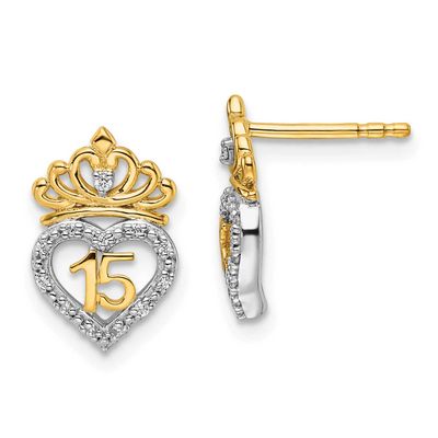 Diamond Quinceanera Heart/Crown Post Earrings 14K Two Tone Gold Polished, MPN: EM10197-008-YWAA, UP…