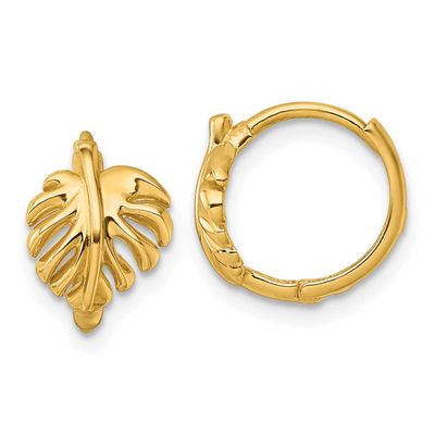 Monstera Leaf Hinged Round Hoop Earrings 14k Gold Polished, MPN: YE2298, UPC: