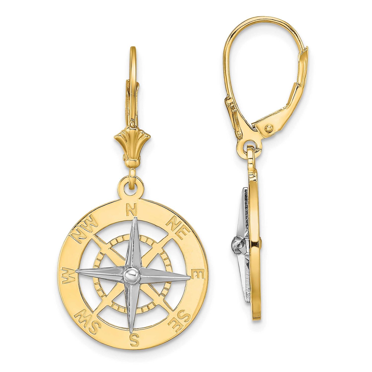 Nautical Compass Leverback Earrings 14k Gold with Rhodium, MPN: TF1857, UPC: 637218180127
