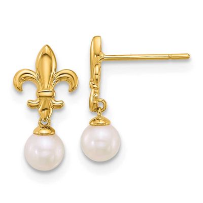Fleur De Lis 4mm Fwc Pearl Post Dangle Earrings 14k Gold Polished, MPN: YE2294, UPC:
