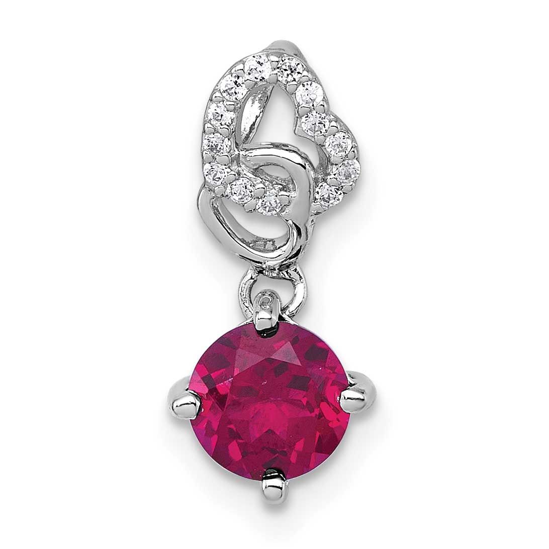 Cr. Ruby &amp; CZ Dangling Heart Chain Slide 17.2 Inch Sterling Silver Rhodium-Plated Polished, MPN: QP…