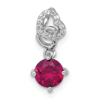 Cr. Ruby &amp; CZ Dangling Heart Chain Slide 17.2 Inch Sterling Silver Rhodium-Plated Polished, MPN: QP…