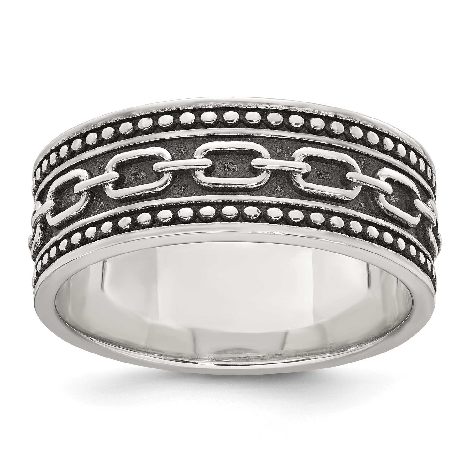 Beaded Antiqued Chain Link Men&#39;s Ring Sterling Silver Polished, MPN: QR7764, UPC: