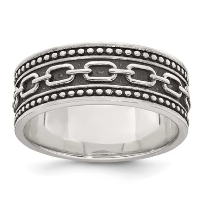 Beaded Antiqued Chain Link Men&#39;s Ring Sterling Silver Polished, MPN: QR7764, UPC: