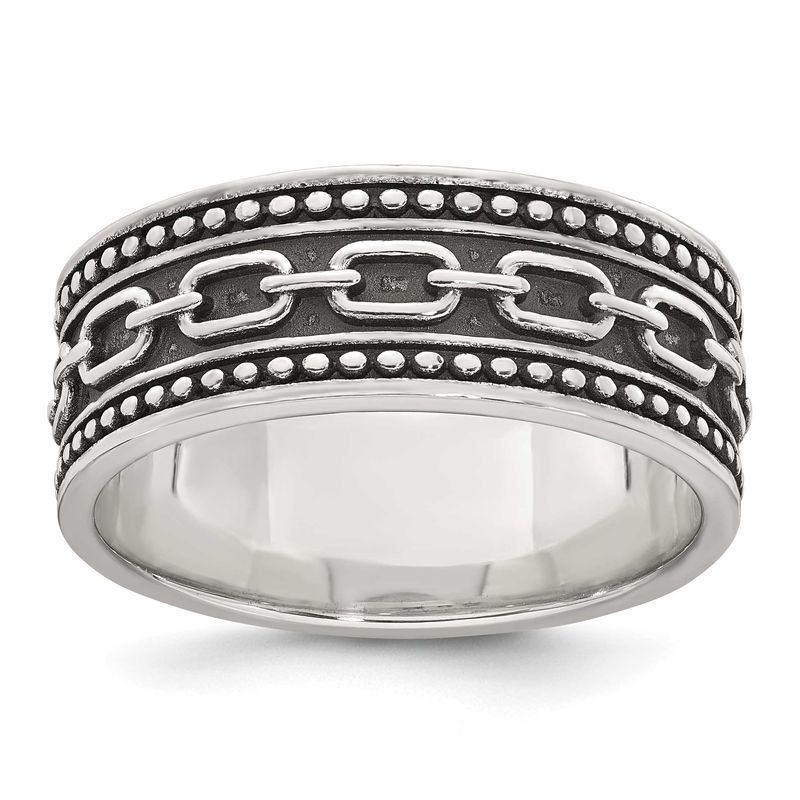 Beaded Antiqued Chain Link Men's Ring Sterling Silver Polished QR7764 ...