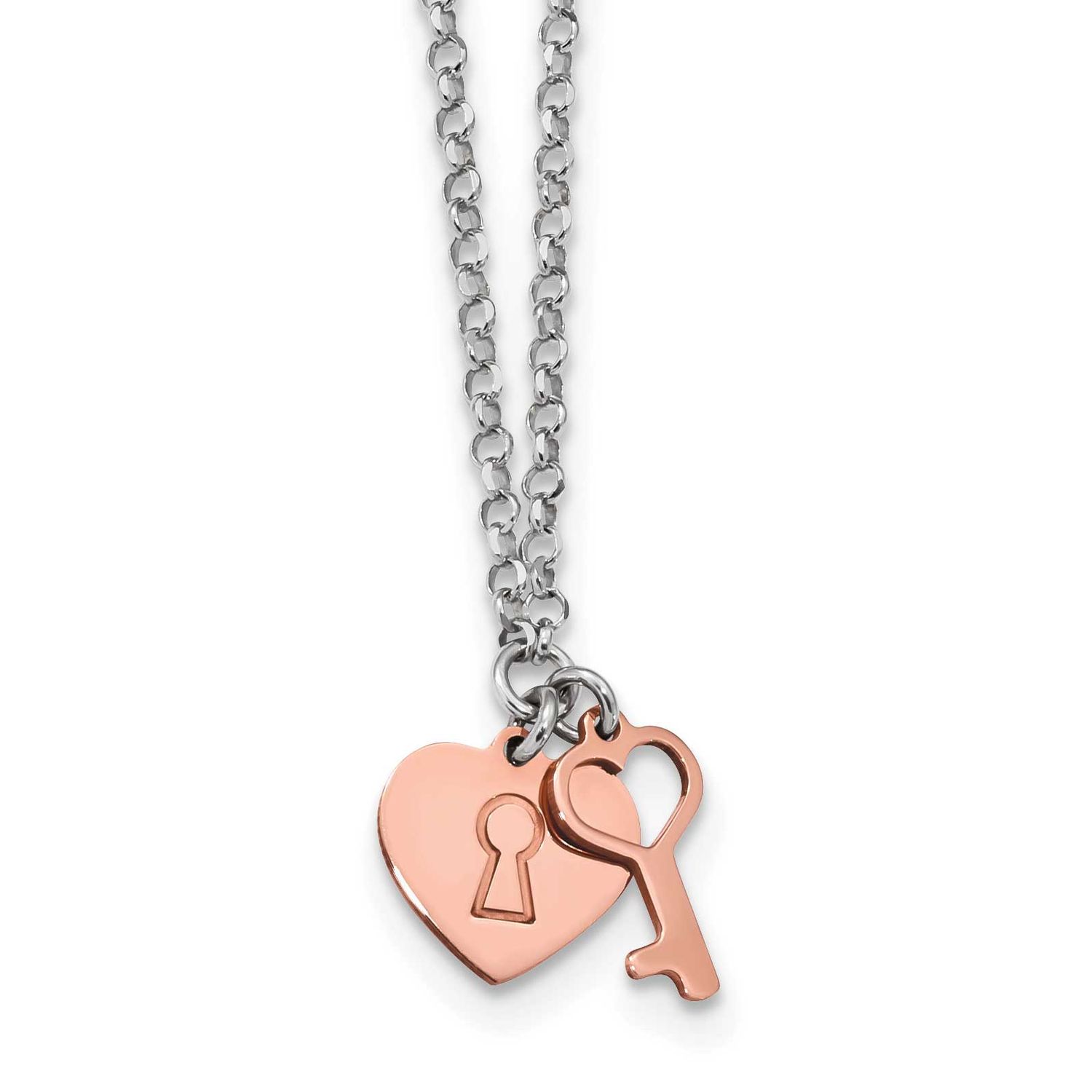 Rose-Tone Heart &amp; Key with 1.5 Inch Extender Necklace Sterling Silver Rhodium-Plated, MPN: QG4601-1…