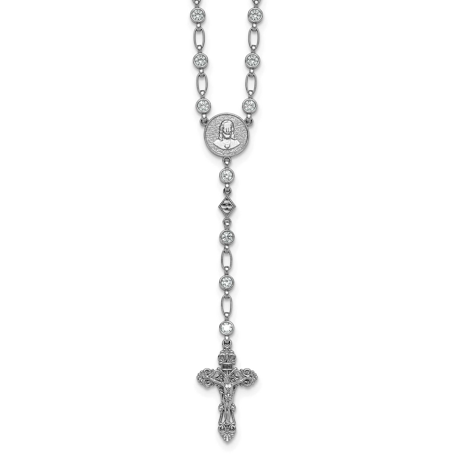 Polished Round CZ 25.25 Inch Rosary Necklace Sterling Silver Rhodium-Plated, MPN: QH5878-25.25, UPC: