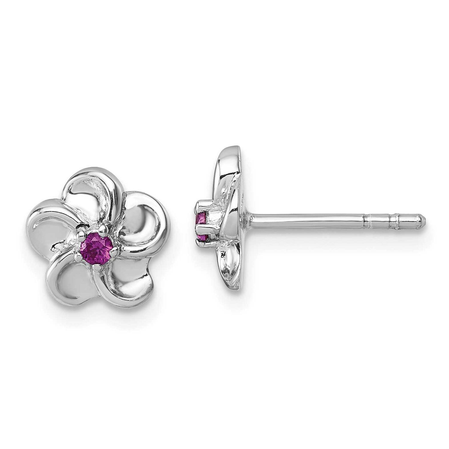 Red CZ Flower Post Earrings Sterling Silver Rhodium-Plated, MPN: QG7228E, UPC: