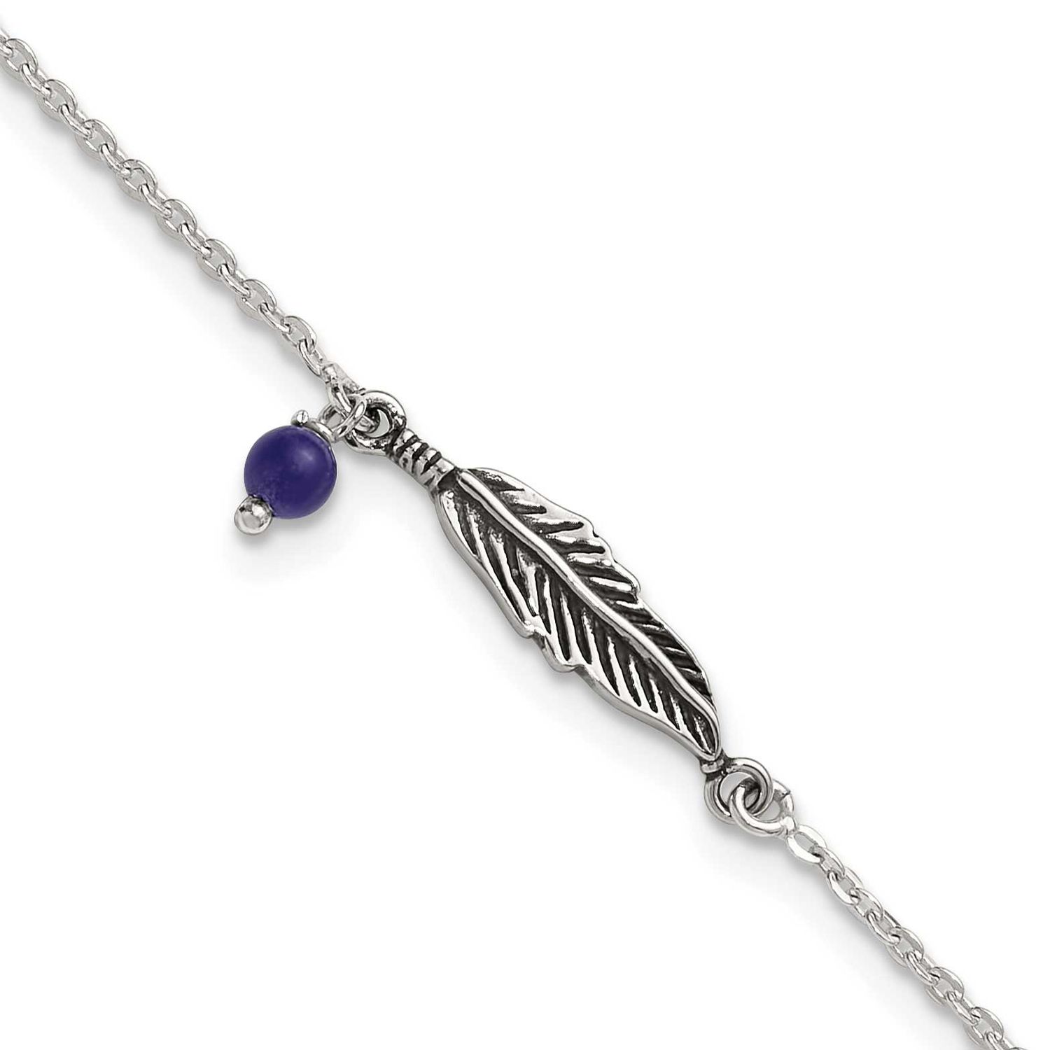 Oxidized Polished Blue Lapis Bead and Feather 9 Inch Plus 1 Inch Extension Anklet Sterling Silver, …