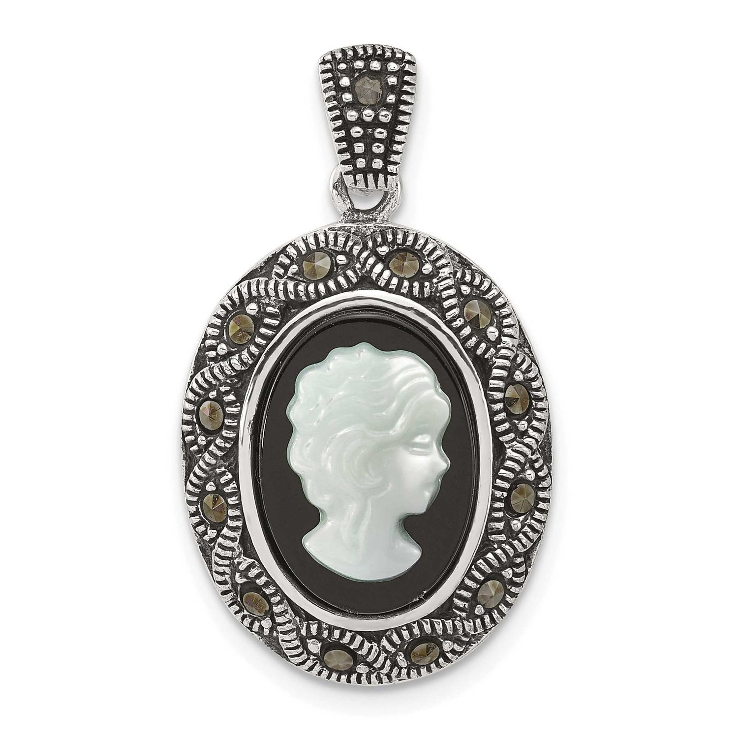 Marcasite Black Agate and Mop Cameo Pendant Sterling Silver Antiqued, MPN: QG7180P, UPC: