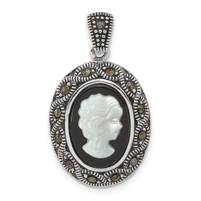 Marcasite Black Agate and Mop Cameo Pendant Sterling Silver Antiqued, MPN: QG7180P, UPC: