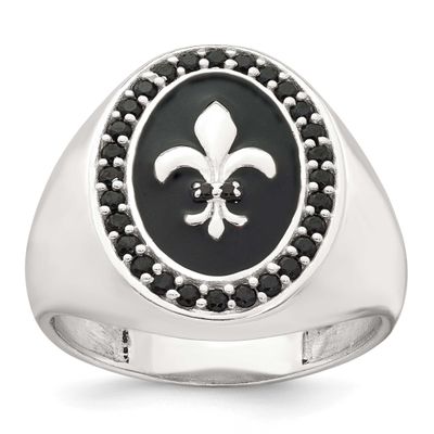 Black Enamel Black Nano Crystal Fleur De Lis Men&#39;s Signet Ring Sterling Silver, MPN: QR7765-9, UPC: