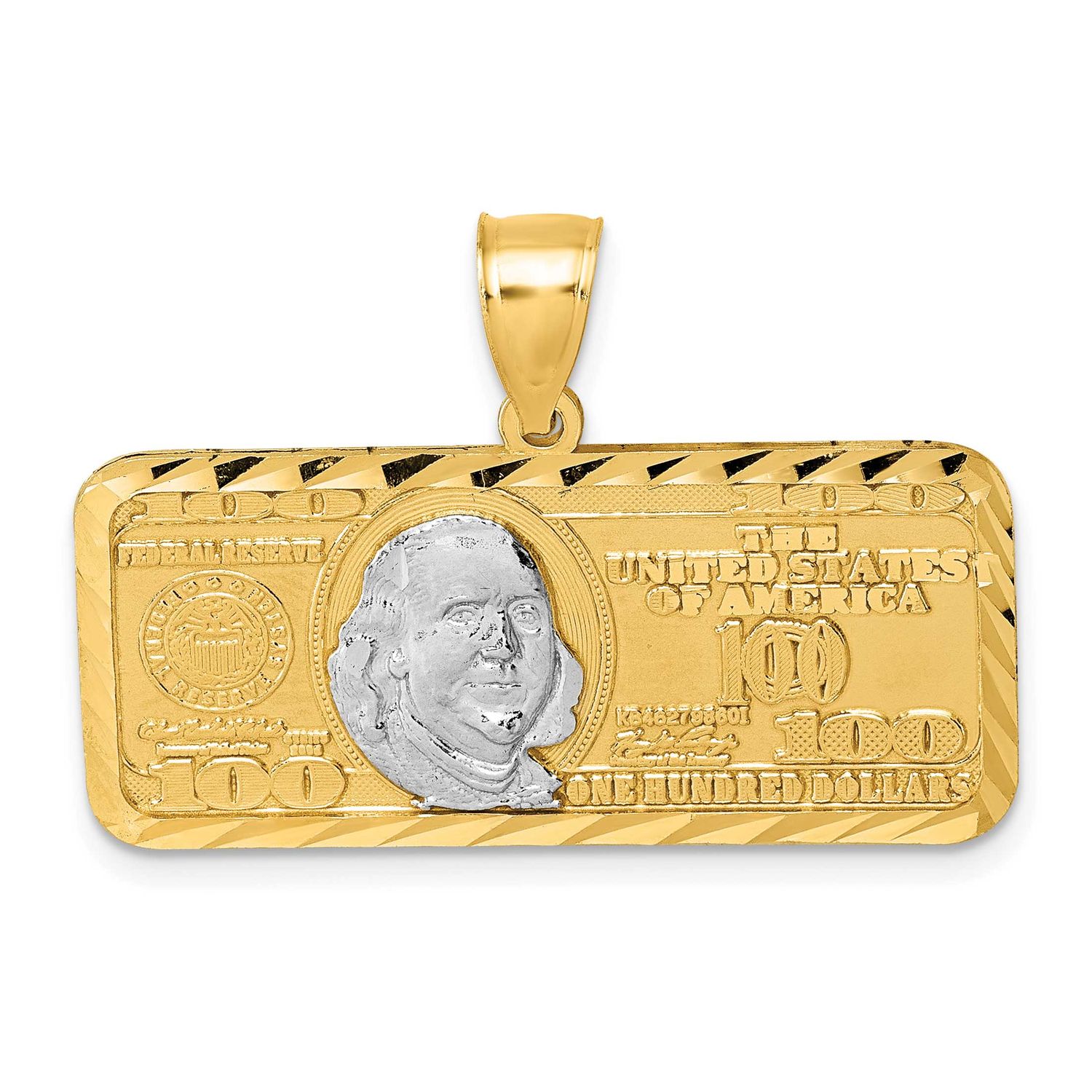 Rhodium Diamond-Cut 100 Dollar Bill Pendant 14k Gold Polished, MPN: K10045, UPC: