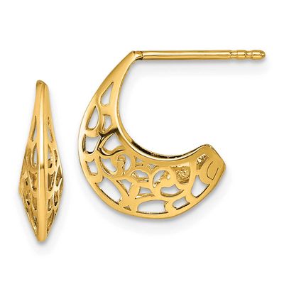 Fancy Cut Out Design Post J-Hoop Earrings 14k Gold Polished, MPN: TF2566, UPC: