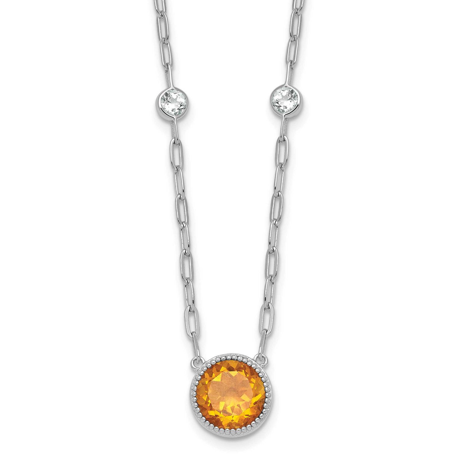 Polished Round Citrine and White Topaz 16 Inch with 2 Inch Extension Necklace Sterling Silver Rhodi…