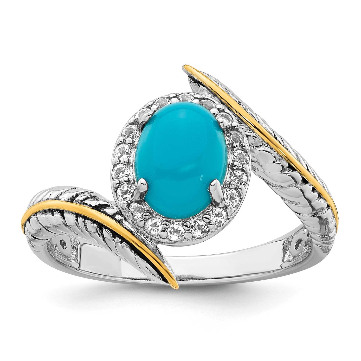 14k Feather Accent Polished Reconstructed Turquoise Cabochon and White Topaz Ring Sterling Silver R…