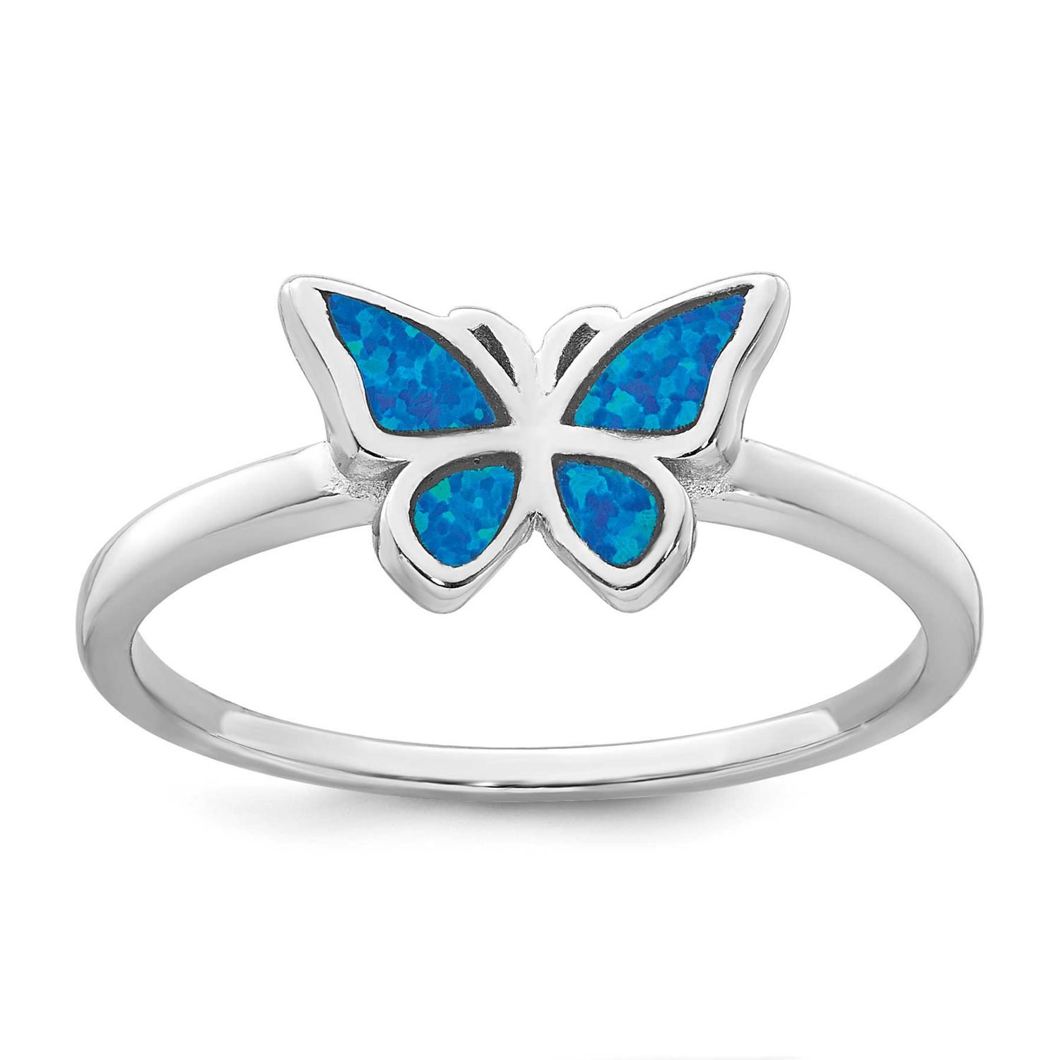 Polished Blue Created Opal Butterfly Ring Sterling Silver Rhodium-Plated, MPN: QR7689, UPC: