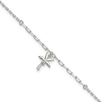 CZ Palm Tree 9 Inch Plus 1 Inch Extension Anklet Sterling Silver Polished, MPN: QG6896-9, UPC: