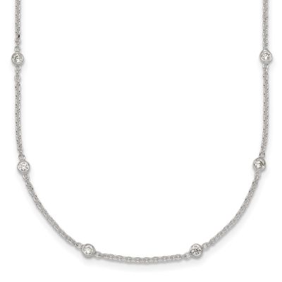 CZ Station with 1 Inch Extension Necklace Sterling Silver Polished, MPN: QG7011-16.5, UPC: