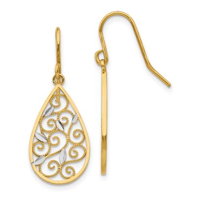 White Rhodium Diamond-Cut Filigree Teardrop Wire Earrings 10k Gold, MPN: 10K4363, UPC: