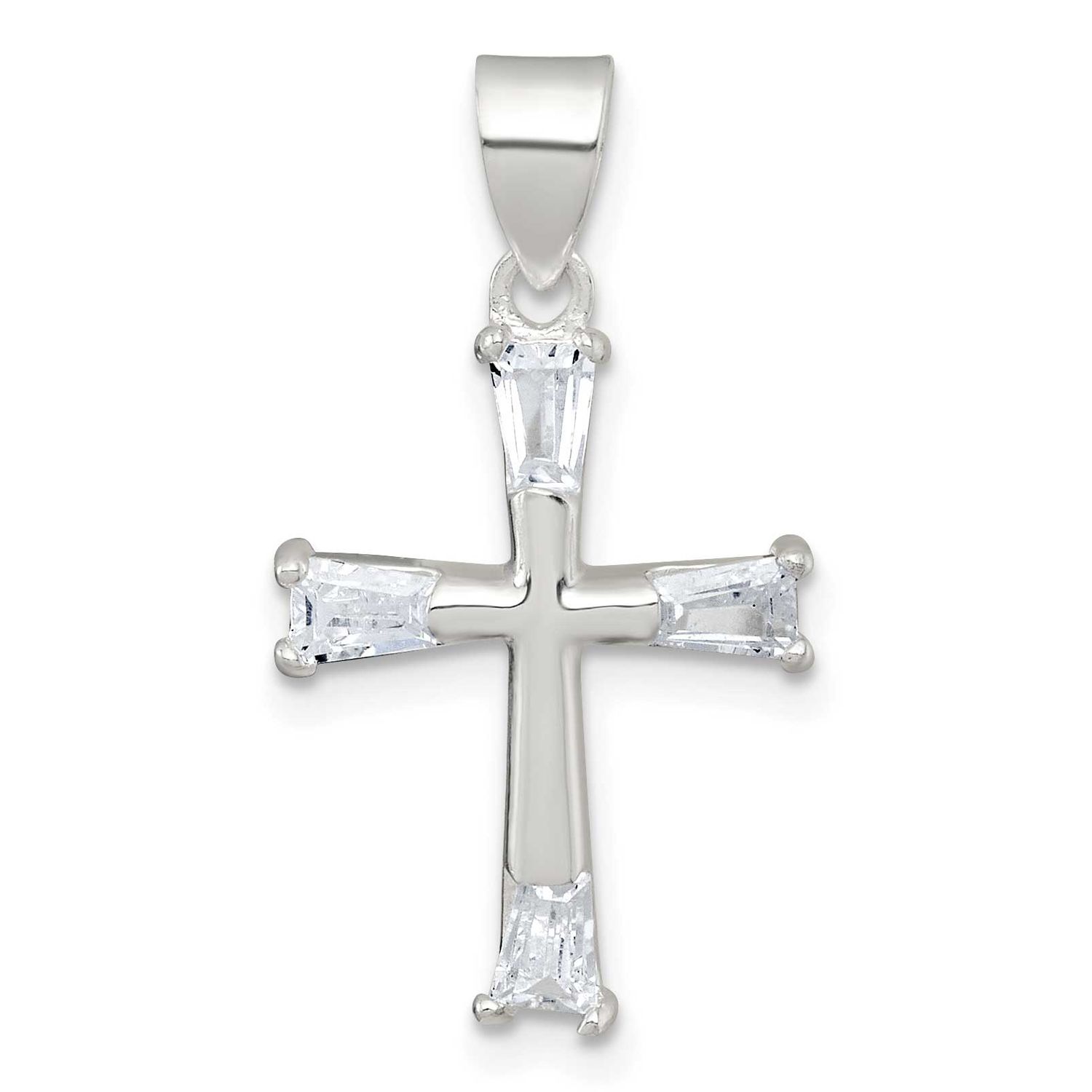 Tapered Baguette CZ Cross Pendant Sterling Silver Polished, MPN: QC11645, UPC:
