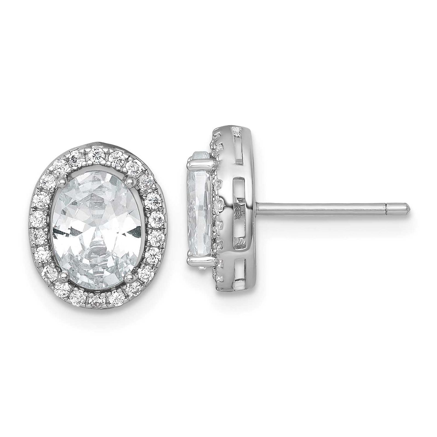 11x9mm Oval Halo CZ Post Earrings Sterling Silver Rhodium-Plated Polished, MPN: QE17810, UPC: