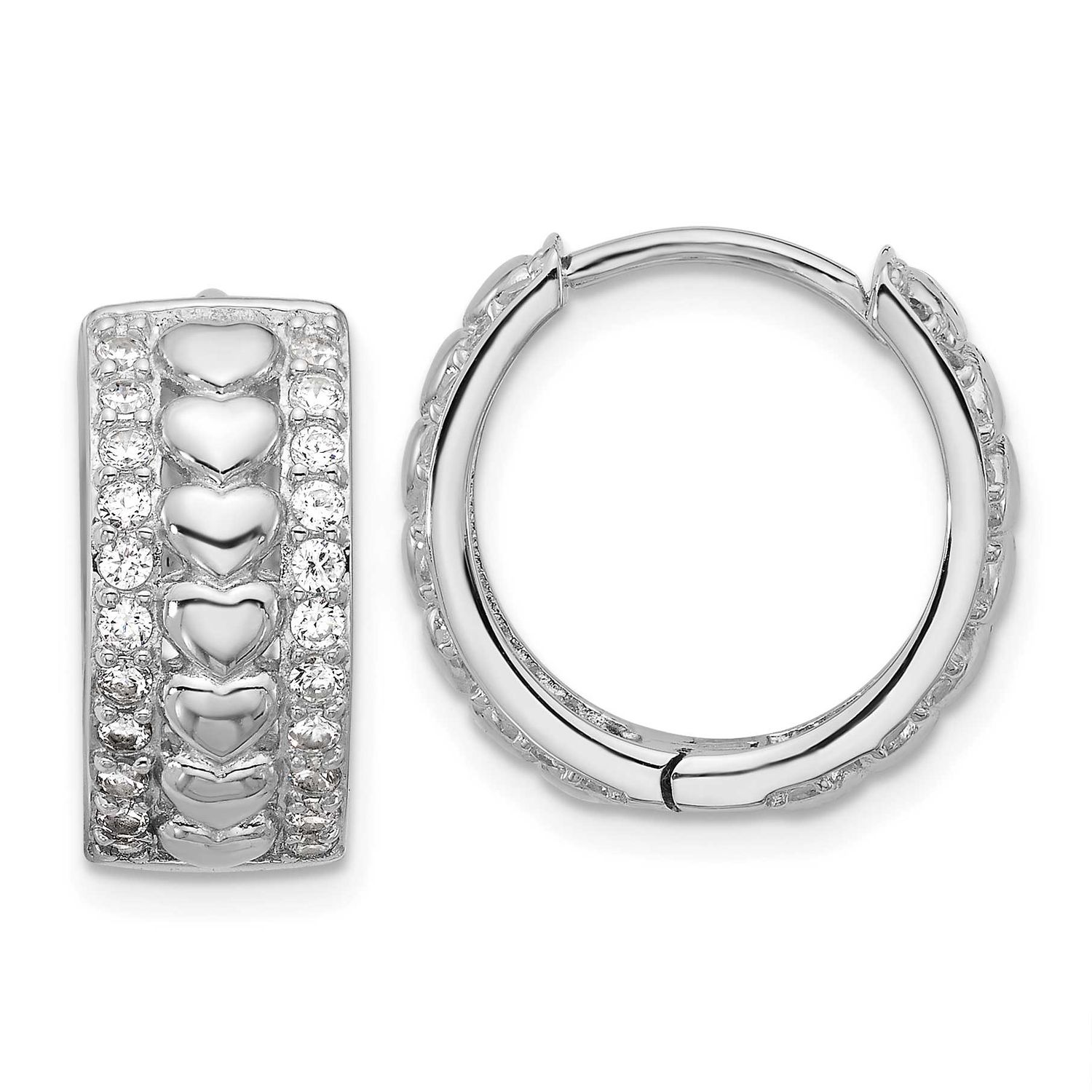CZ Polished Heart Hinged Hoop Earrings Sterling Silver Rhodium-Plated, MPN: QE18127, UPC: