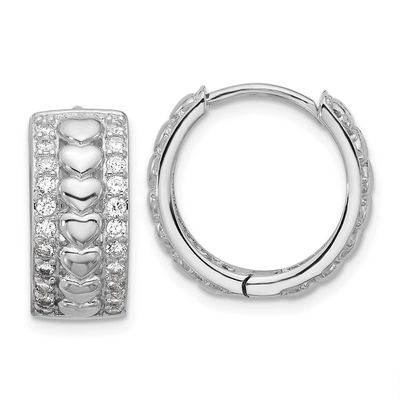 CZ Polished Heart Hinged Hoop Earrings Sterling Silver Rhodium-Plated, MPN: QE18127, UPC: