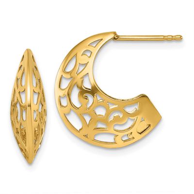 Fancy Cut Out Design Post J-Hoop Earrings 14k Gold Polished, MPN: TF2564, UPC: