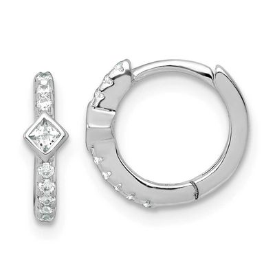 Round/Square CZ Hinged Round Hoop Earrings Sterling Silver Rhodium-Plated, MPN: QE18119, UPC: