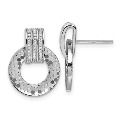 Plated CZ Textured Moveable Circle Dangle Post Earrings Sterling Silver Rhodium-Plated, MPN: QG7143…