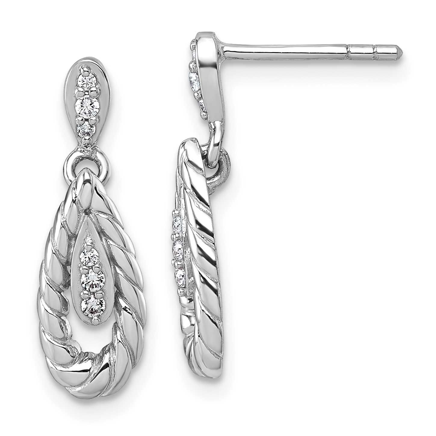 Polished CZ Twisted Teardrop Dangle Post Earrings Sterling Silver Rhodium-Plated, MPN: QG7157E, UPC: