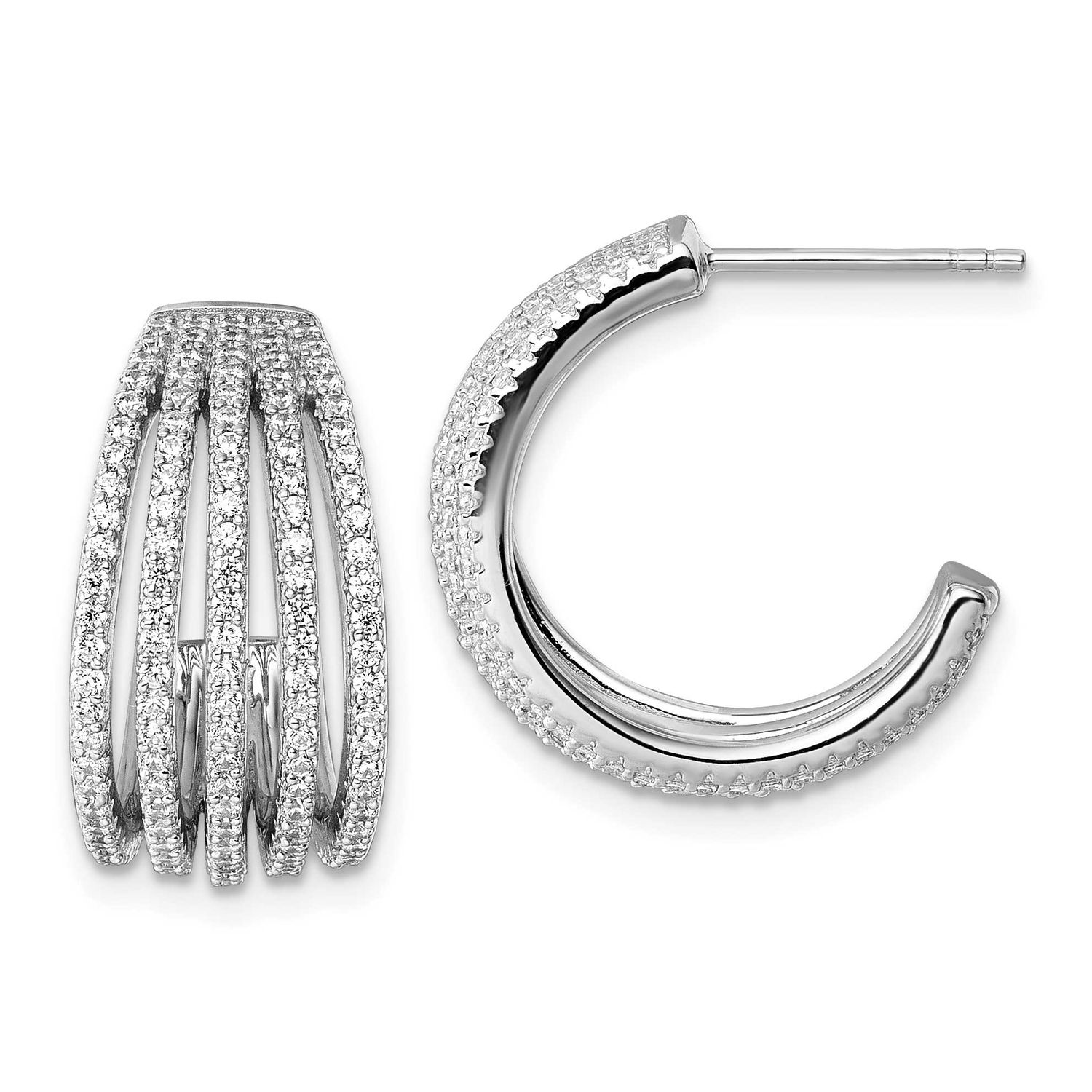 CZ Multi Row Post J-Hoop Earrings Sterling Silver Rhodium-Plated, MPN: QE18094, UPC: